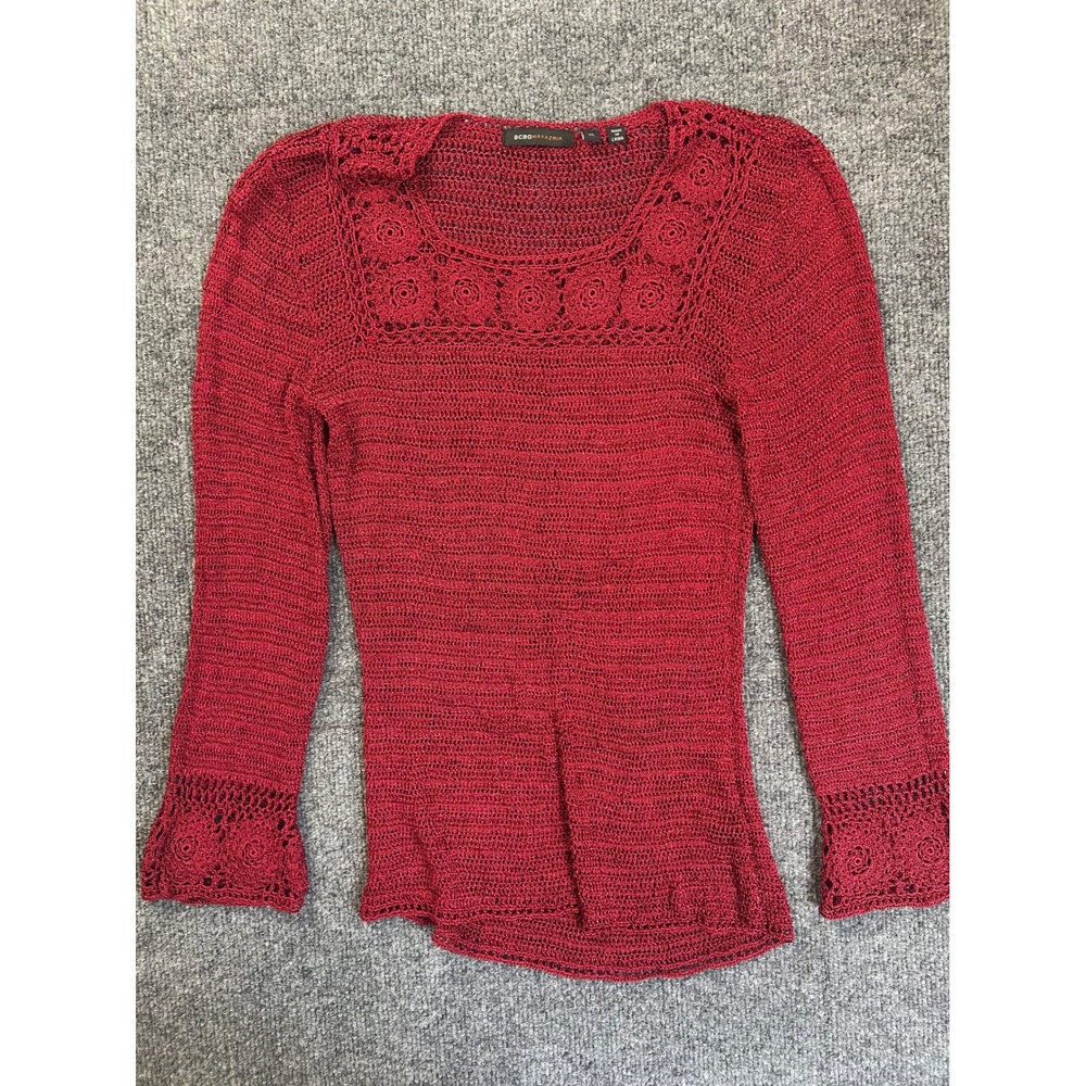 BCBGMAXAZRIA Crochet Knit Top Women XL Red Long Sleeve Floral Square Neck